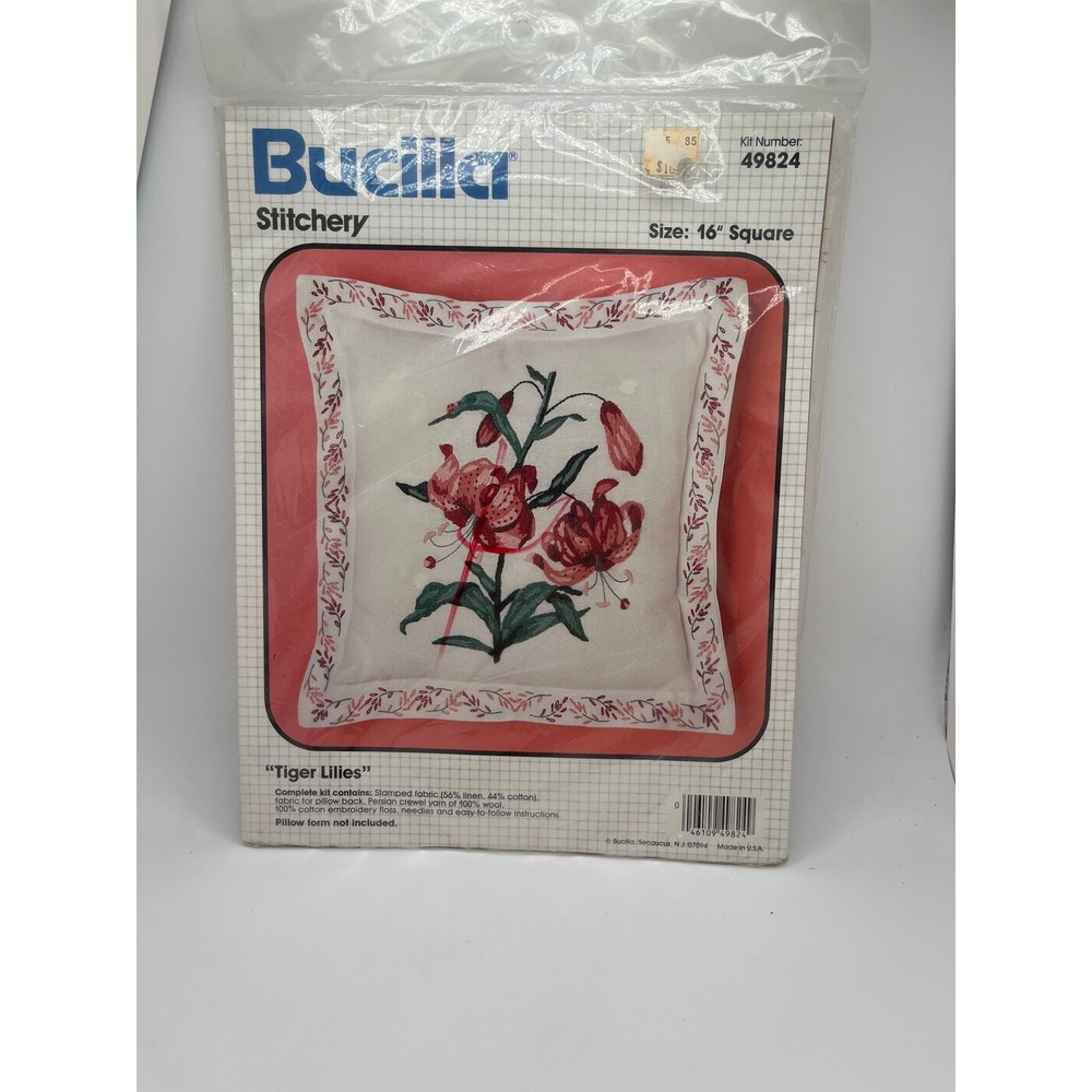 Vintage Bucilla Tiger Lilies Crewel Embroidery Pillow Kit 49824 16in Square DIY